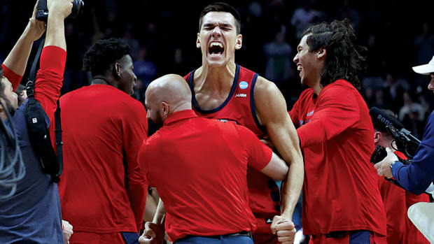 Florida Atlantic Owls center Vladislav Goldin reacts to defeating the Memphis Tigers at Nationwide Arena.